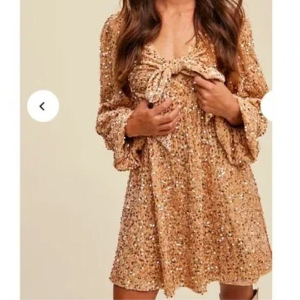 Gold Sequin Velvet Mini Dress M Balloon Sleeve Open Back Tie Party Sparkle NWT